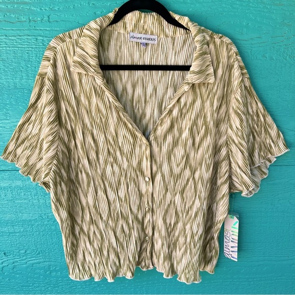 Almost Famous Plisse (crinkled) Striped Button Front Shirt 3X NWT Green Cream - Picture 1 of 5